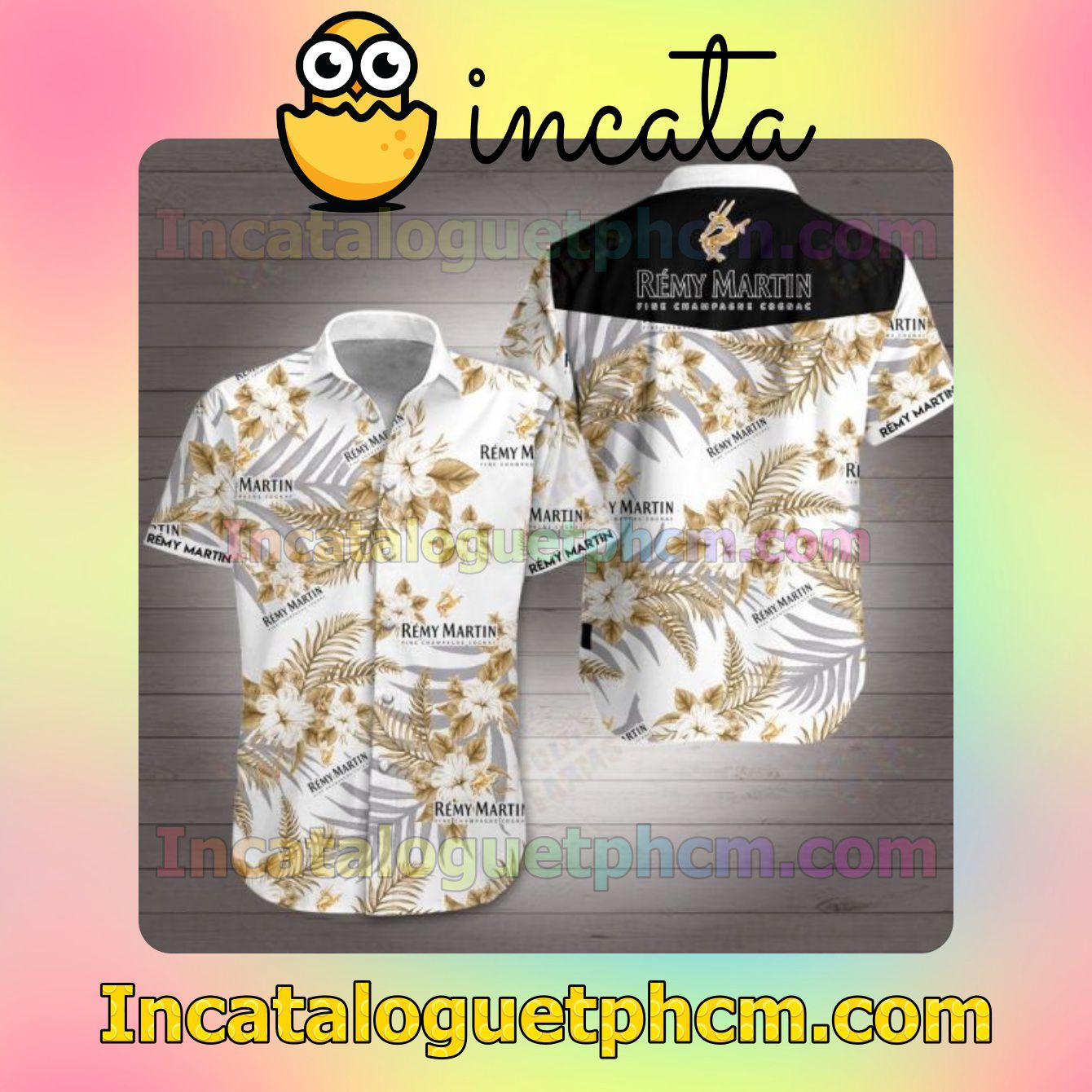 Remy Martin Fine Champagne Cognac Gold Tropical Floral White Mens Short Sleeve Shirt