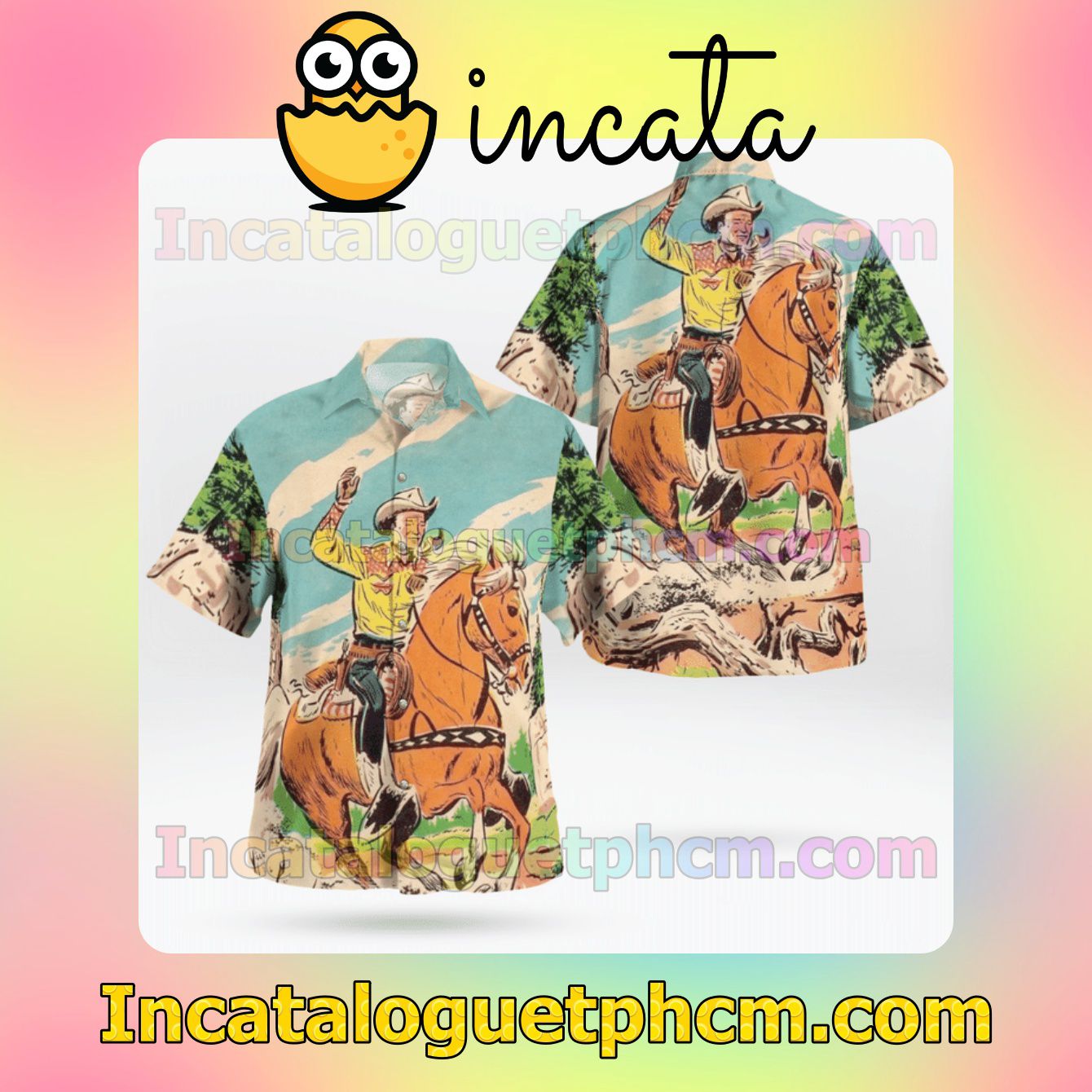 Retro Cowboy Riding Horse Mens Short Sleeve Shirts