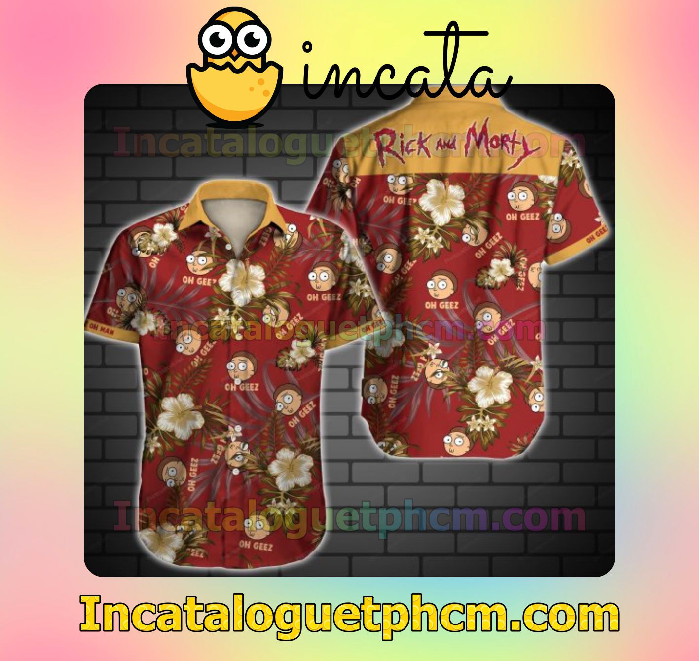 Rick And Morty Brown Tropical Floral Red Mens Short Sleeve Shirt