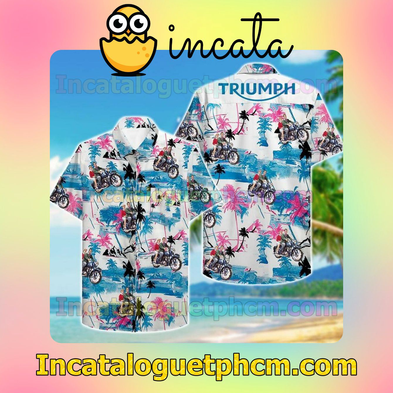 Riding Triumph Motorcycle Pink And Blue Tropical Short Sleeve Shirt