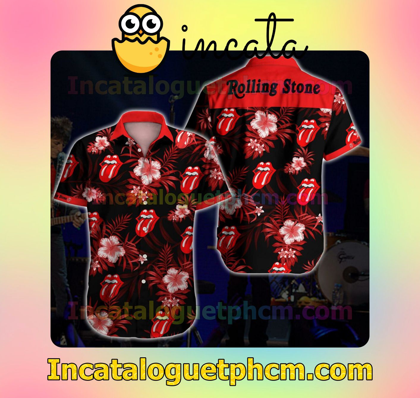 Rolling Stones Hibiscus Palm Leaves Tropical Red Black Short Sleeve Shirt