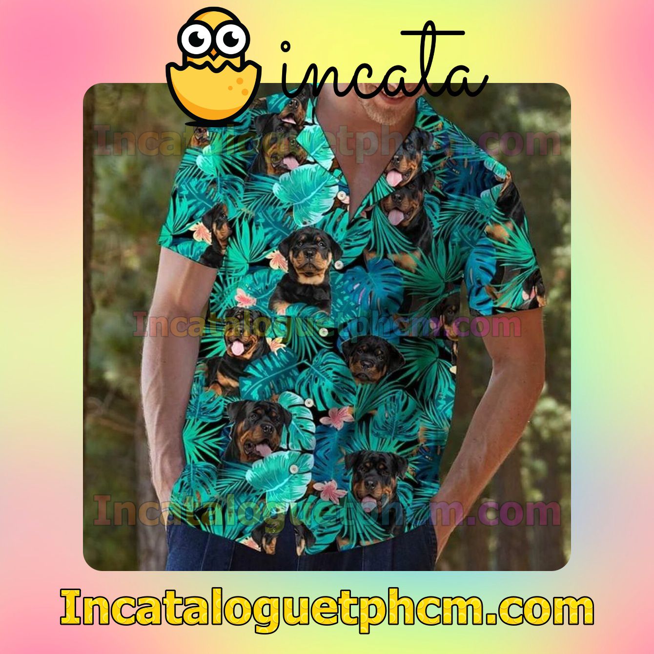 Rottweiler Behind Green Tropical Leaves Custom Short Sleeve Shirt