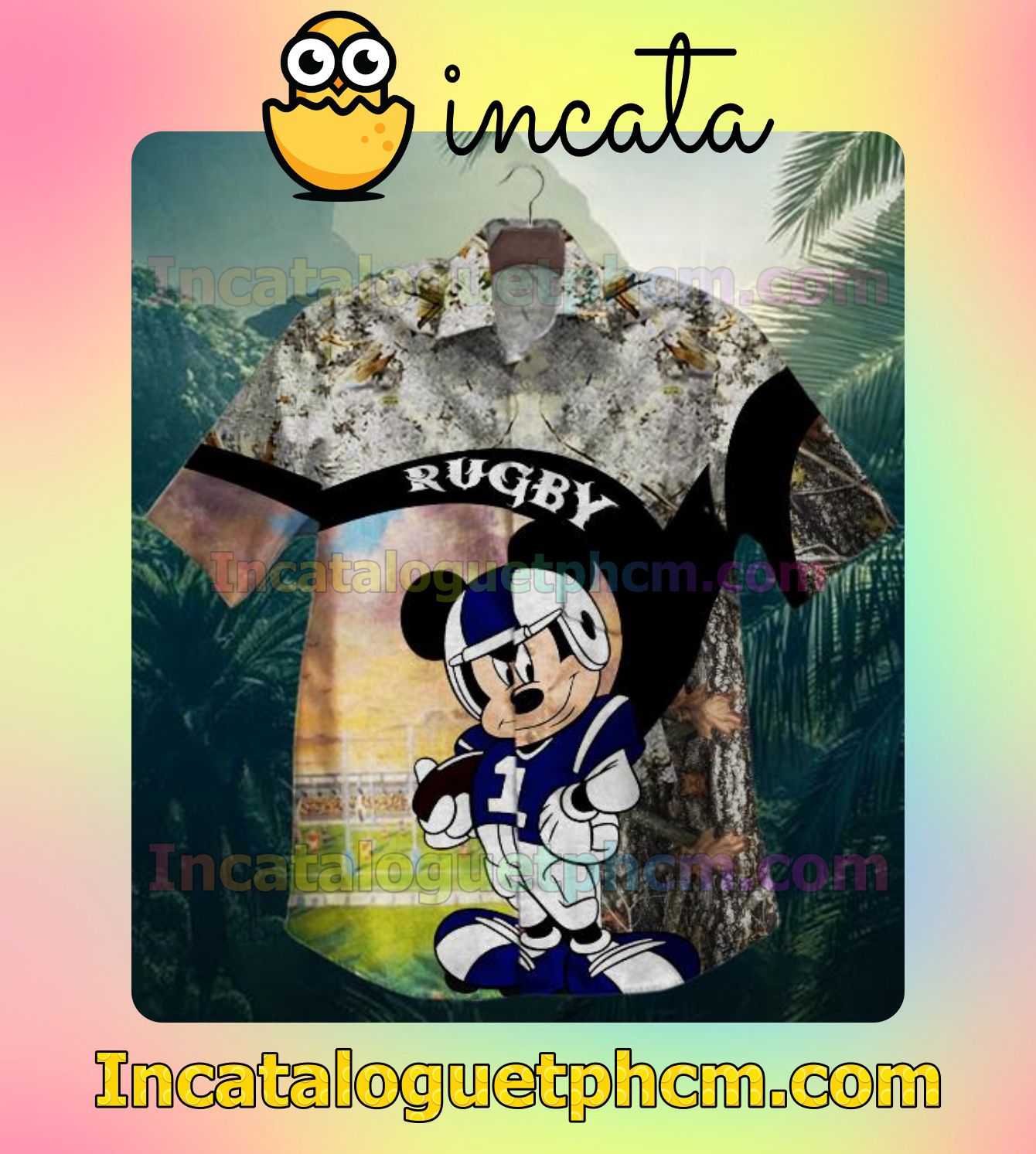 Rugby Mickey Mouse Holding A Football Mens Short Sleeve Shirt