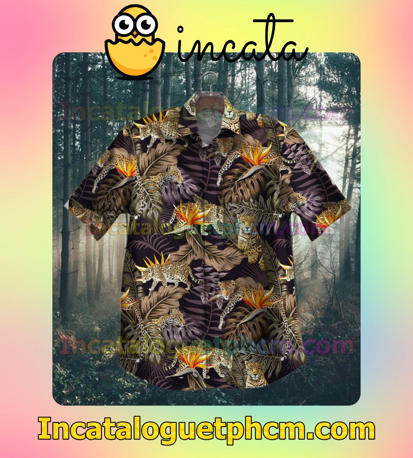 Safari Leopard Tropical Strelitzia Leaf Mens Short Sleeve Shirt