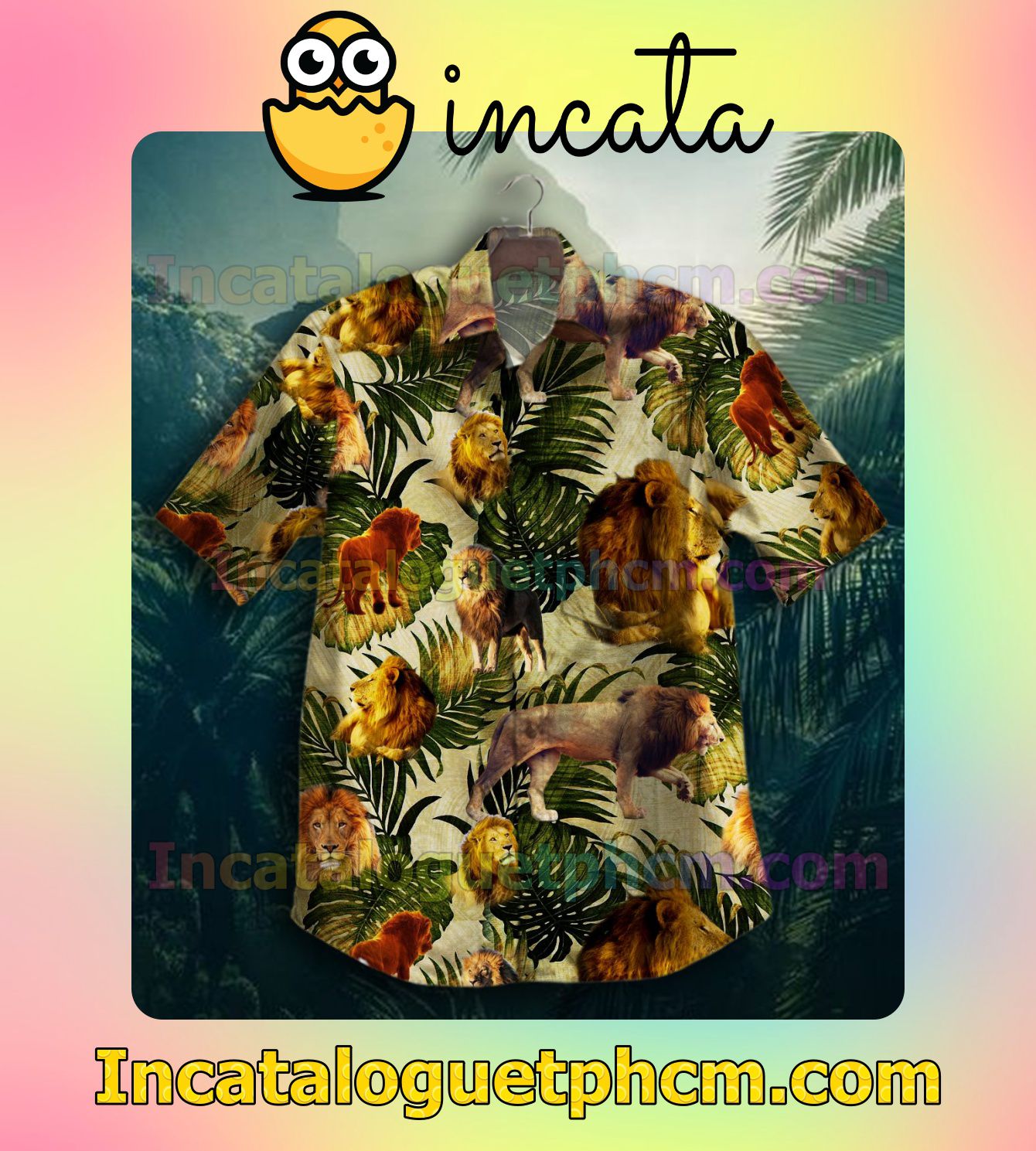 Safari Lion Tropical Leaf Print Mens Short Sleeve Shirt