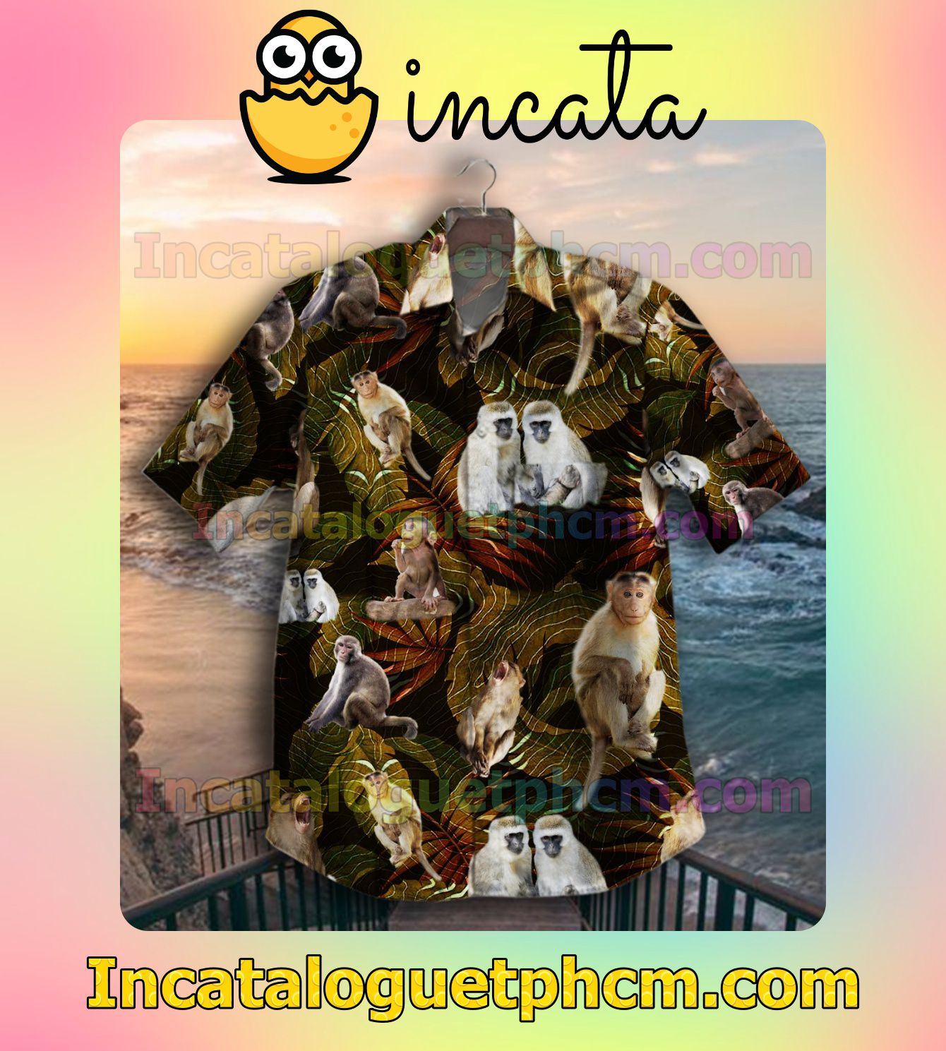 Safari Monkey Tropical Leaves Black Mens Short Sleeve Shirt