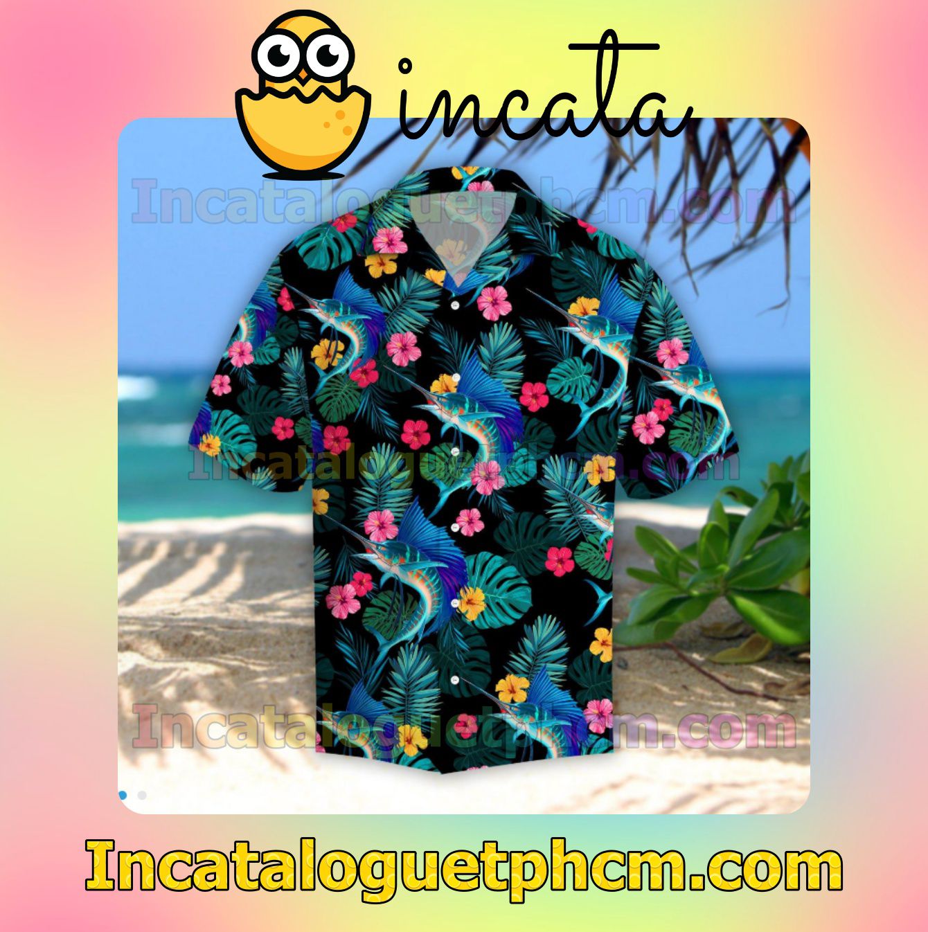 Sailfish Hibiscus Tropical Black Mens Short Sleeve Shirt