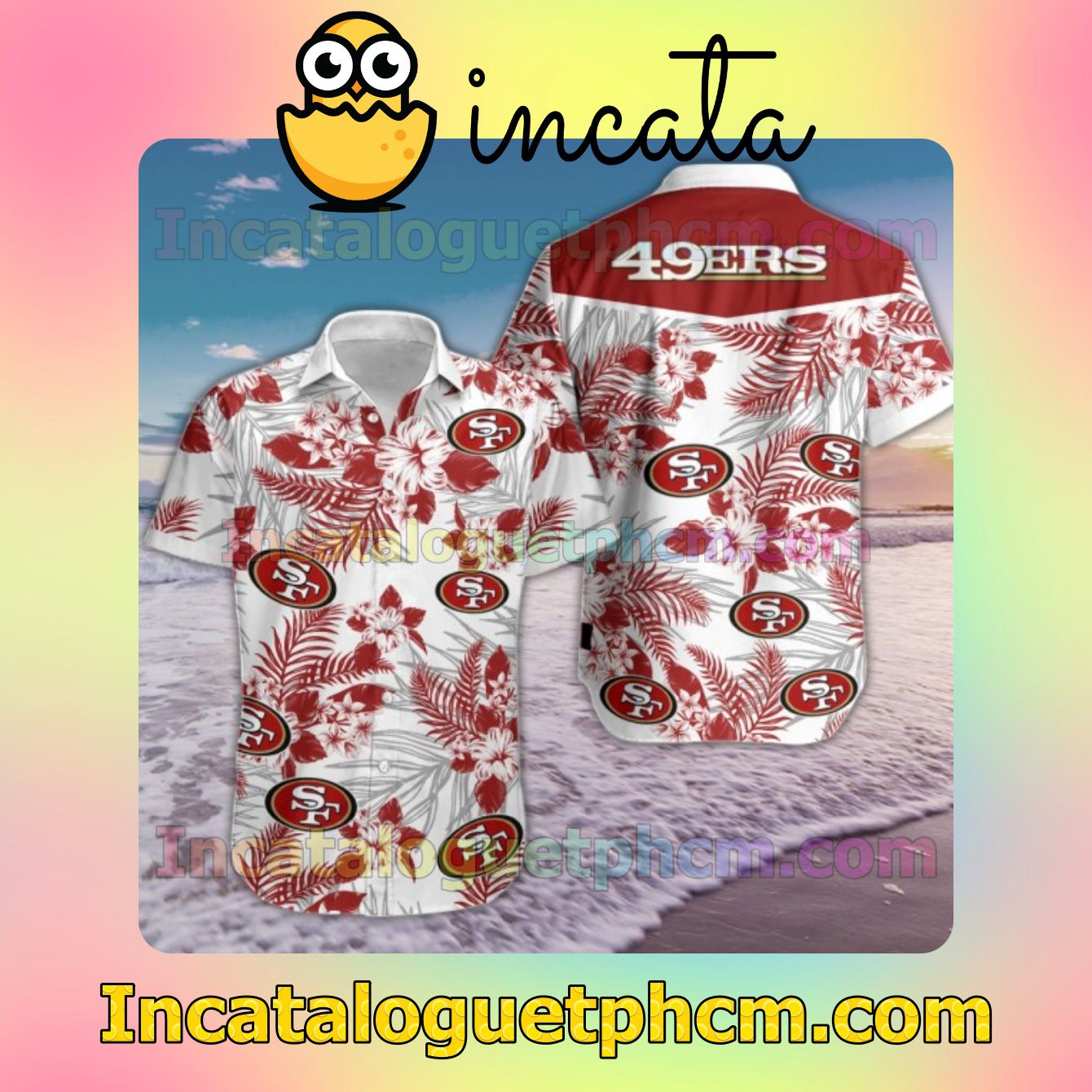 San Francisco 49ers Red Tropical Floral White Mens Short Sleeve Shirt