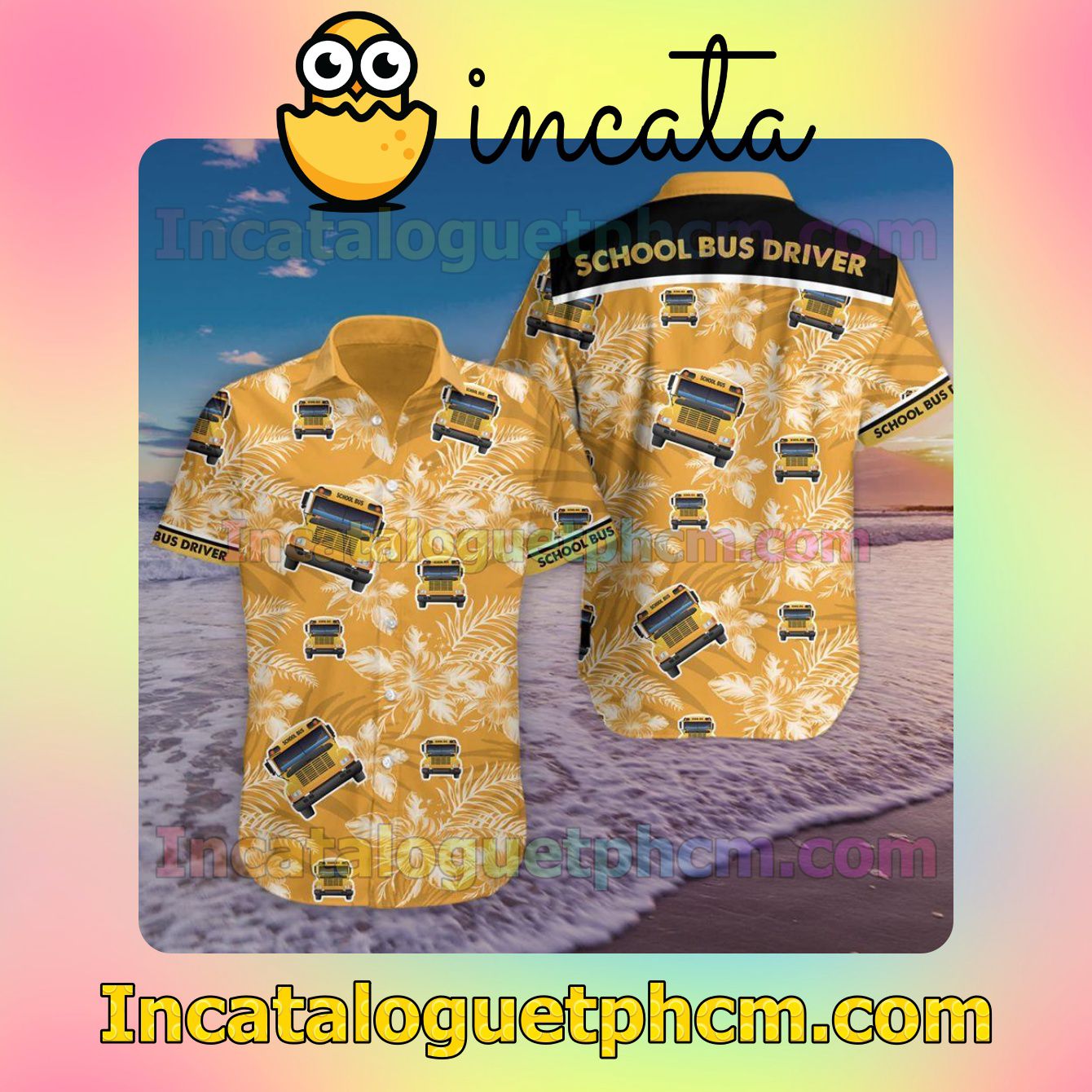 School Bus Driver Tropical Floral Yellow Mens Short Sleeve Shirt