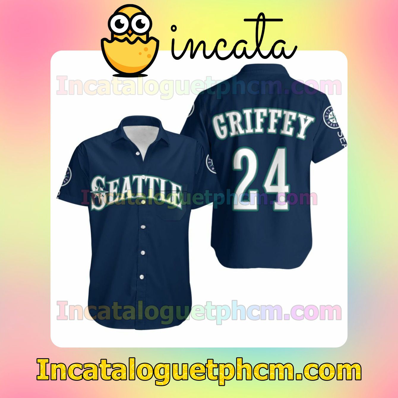Seattle Mariners 24 Griffey Navy Jersey Inspired Custom Short Sleeve Shirt