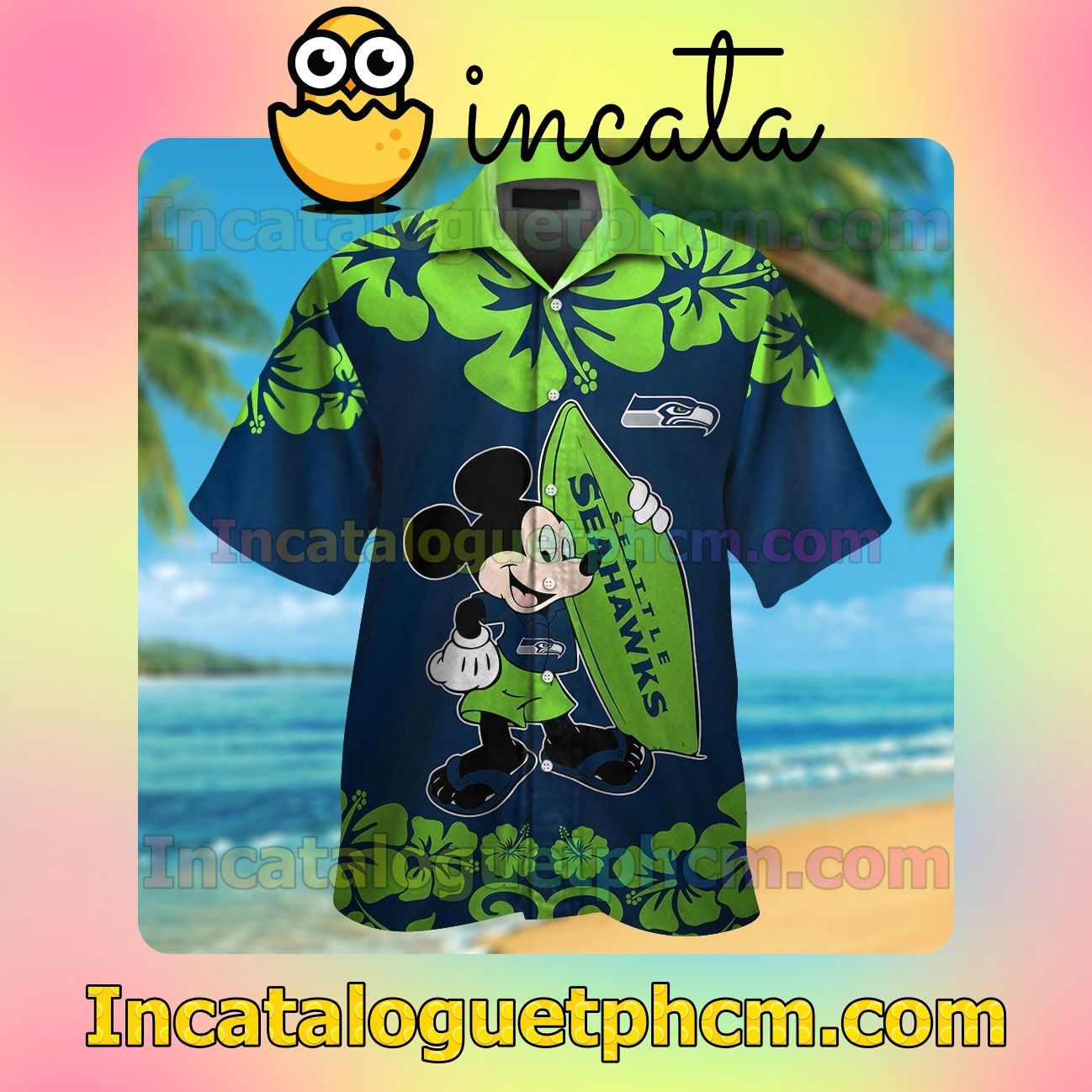 Seattle Seahawks & Mickey Mouse Beach Vacation Shirt, Swim Shorts