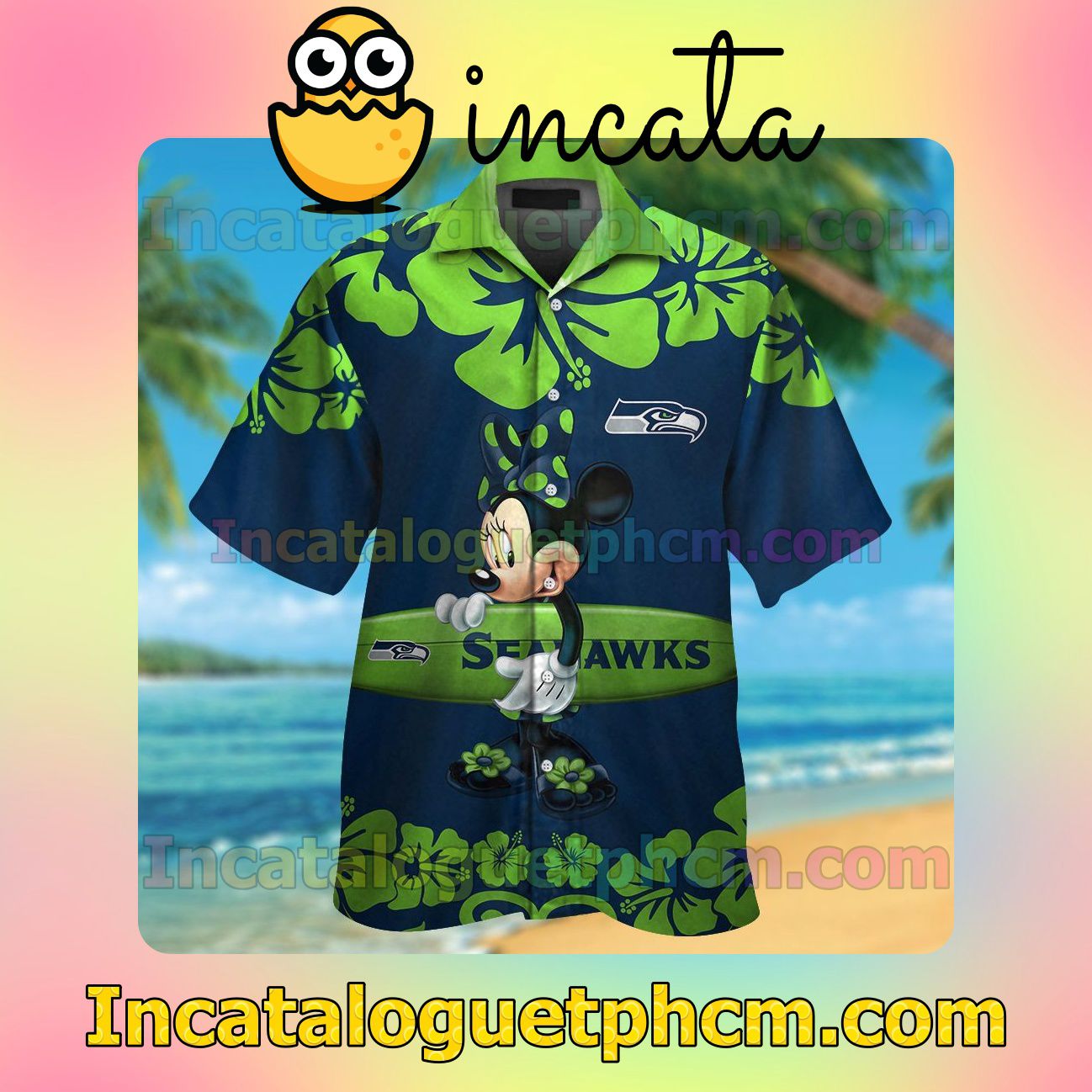 Seattle Seahawks & Minnie Mouse Beach Vacation Shirt, Swim Shorts