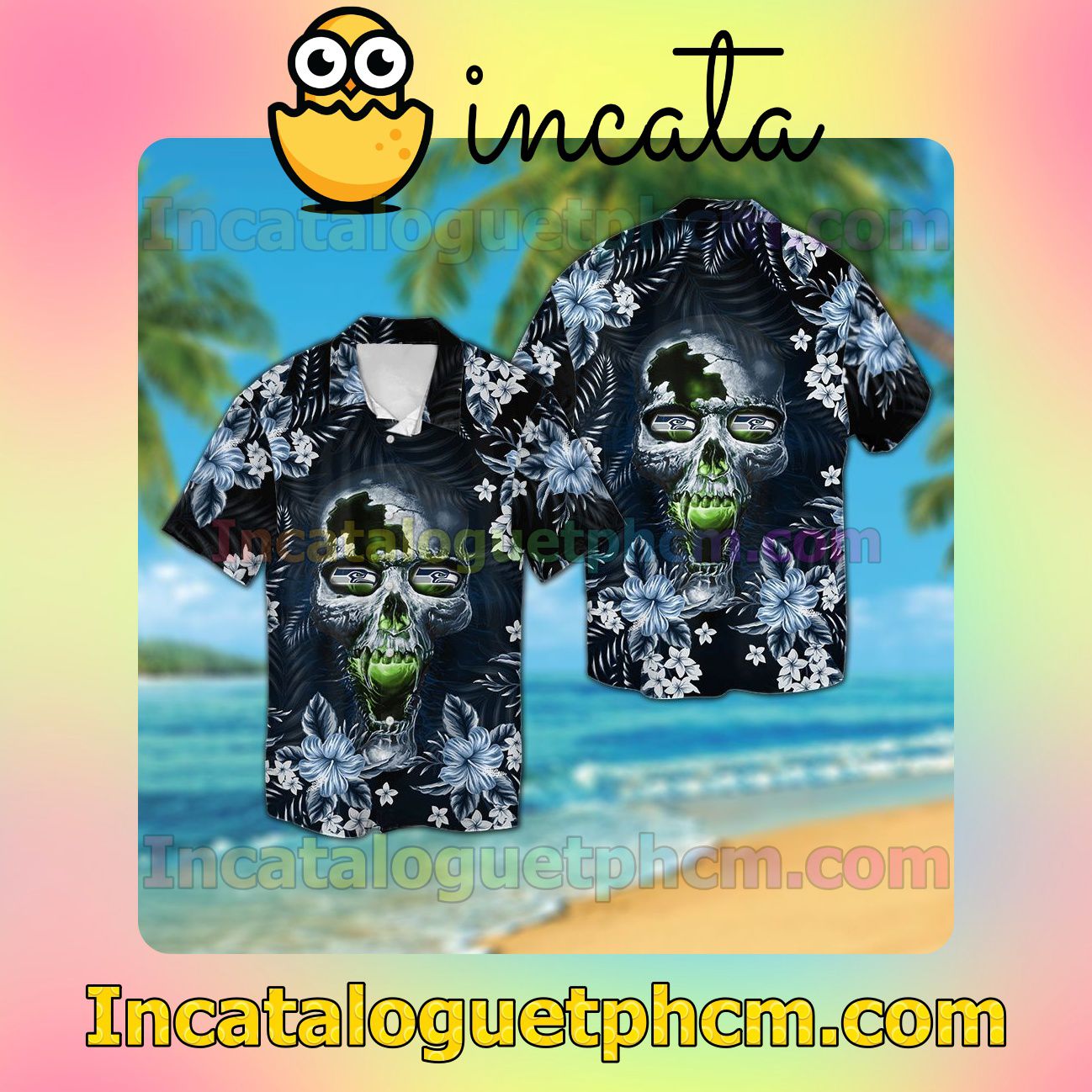 Seattle Seahawks Skull Beach Vacation Shirt, Swim Shorts