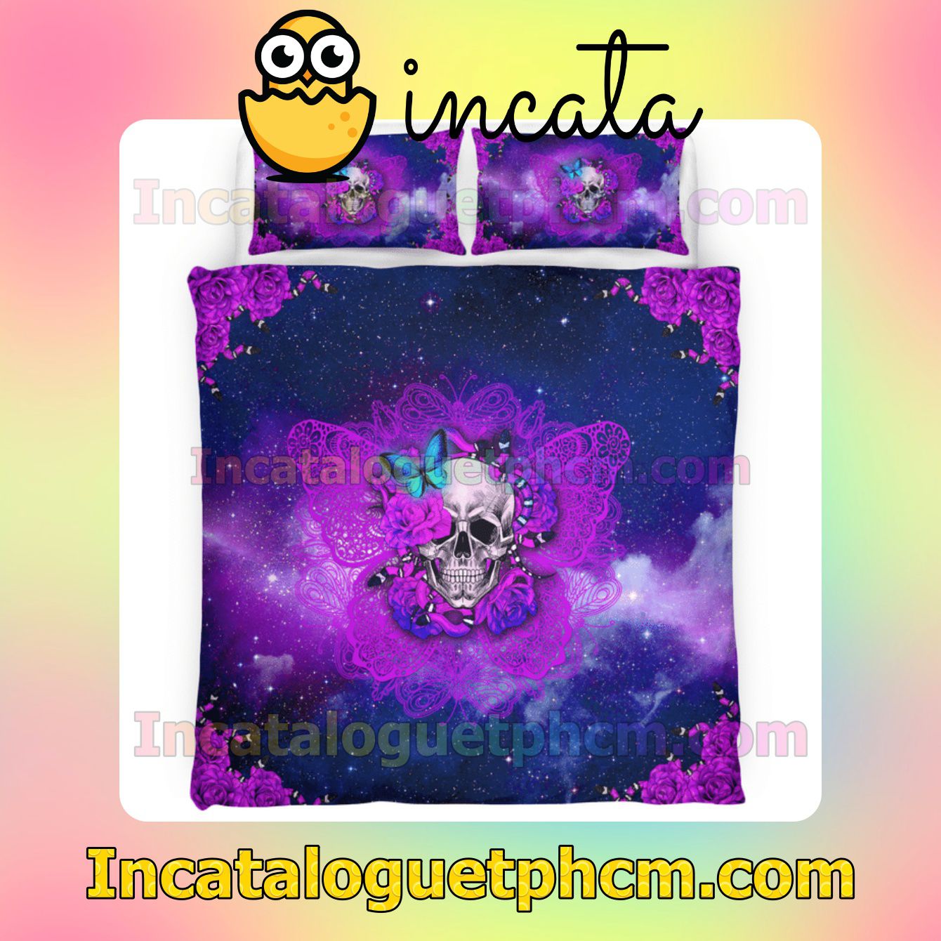 Skull Butterfly Purple Galaxy Halloween Bed Covers Bedroom Set