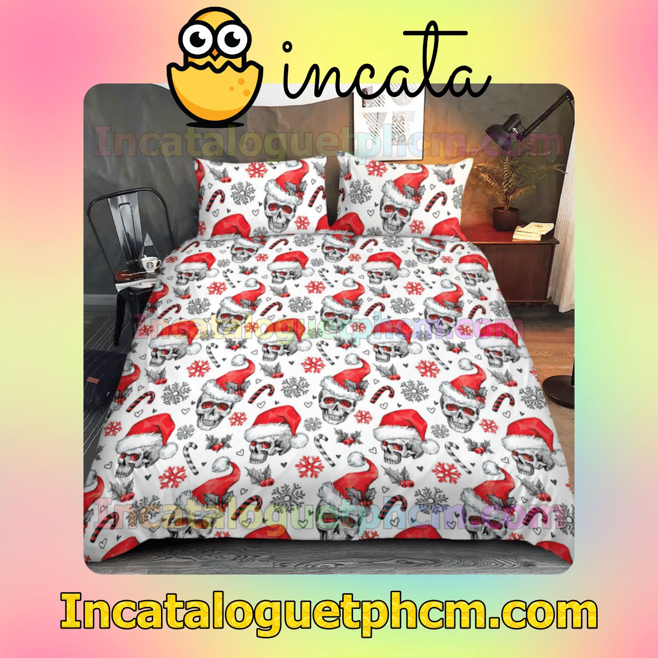 Beautiful Skull Christmas White Bed Covers Bedroom Set