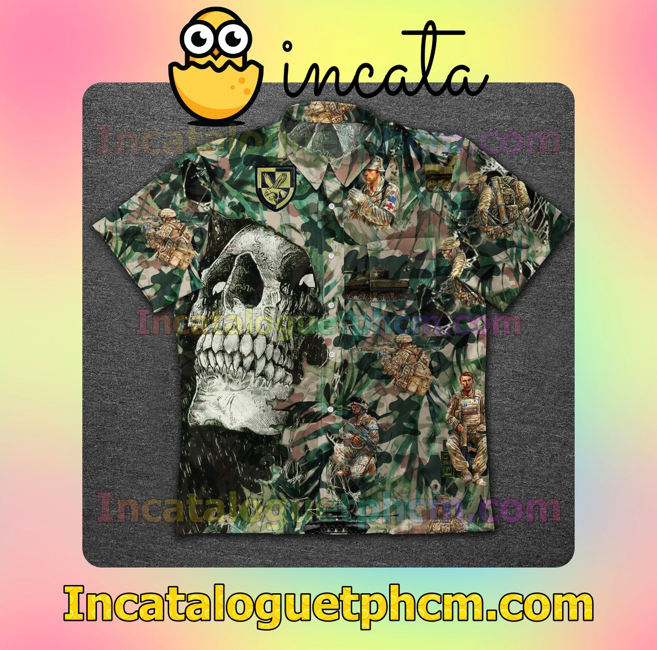 Skull Veteran Soldier Leaf Print Mens Short Sleeve Shirt