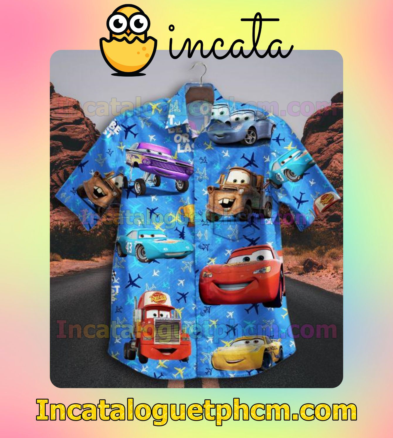 Smile Cars With Plane Full Print Blue Men Vacation Shirts