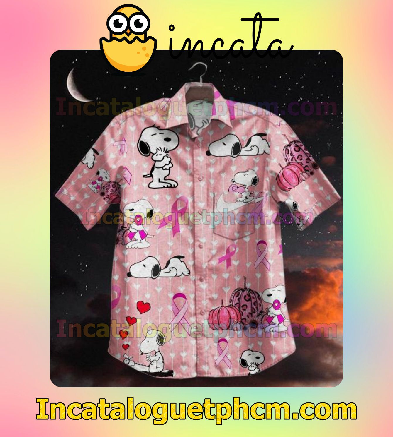 Snoopy With Cancer Ribbon Pink Men's Casual Shirts