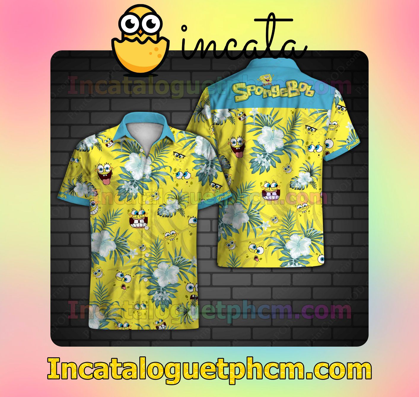 Spongebob Blue Tropical Floral Yellow Men's Casual Shirts