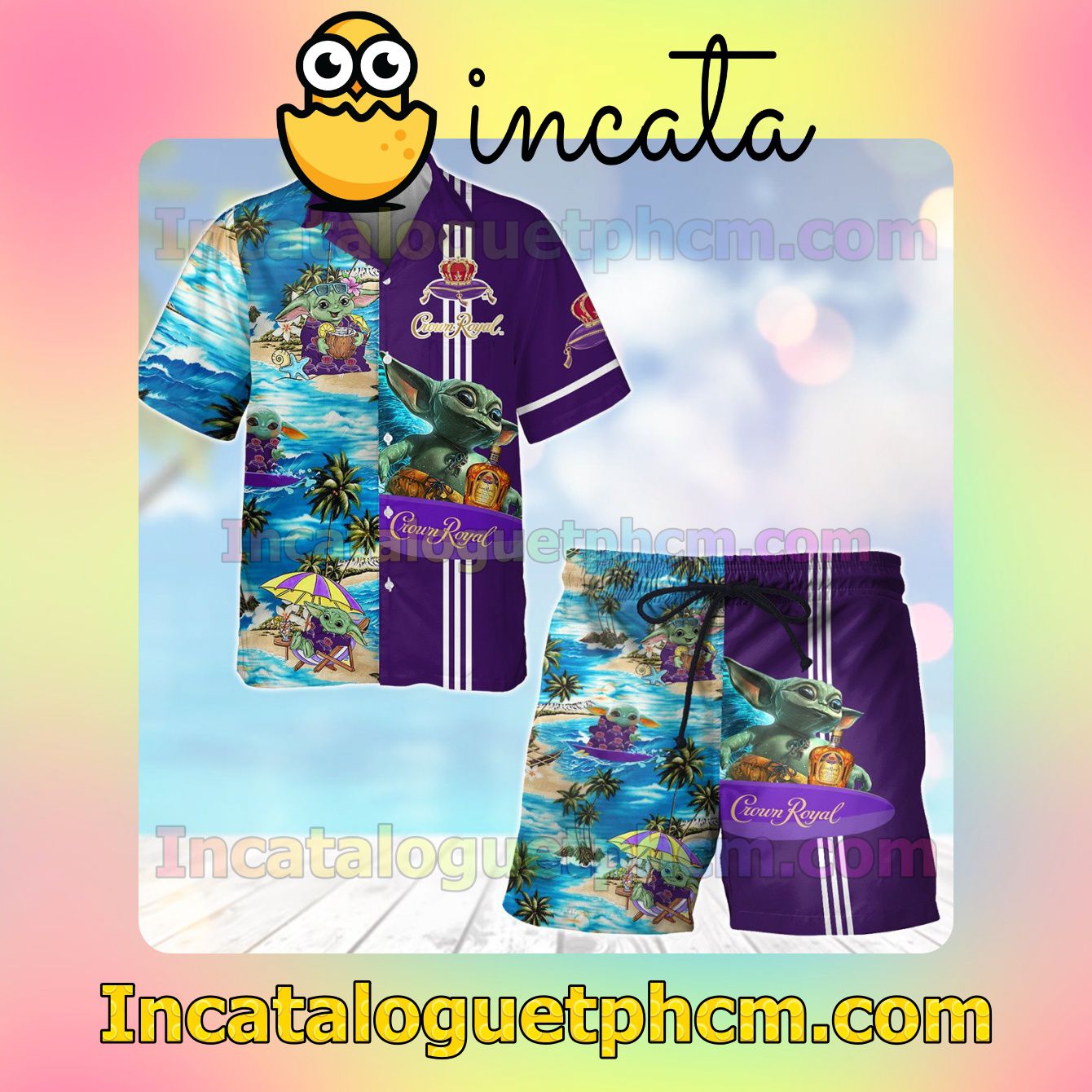 Star Wars Baby Yoda Surfing Crown Royal Blue Purple Button Shirt And Swim Trunk
