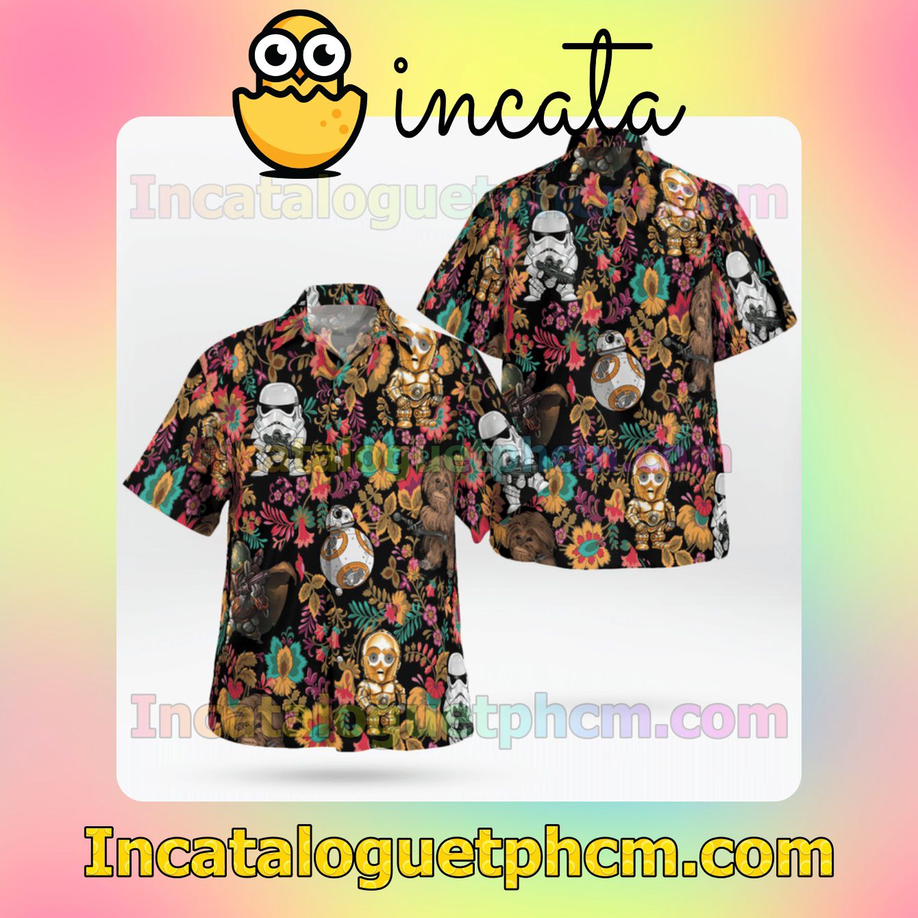 Star Wars Colorful Flower Pattern Mens Short Sleeve Shirts, Beach Shorts