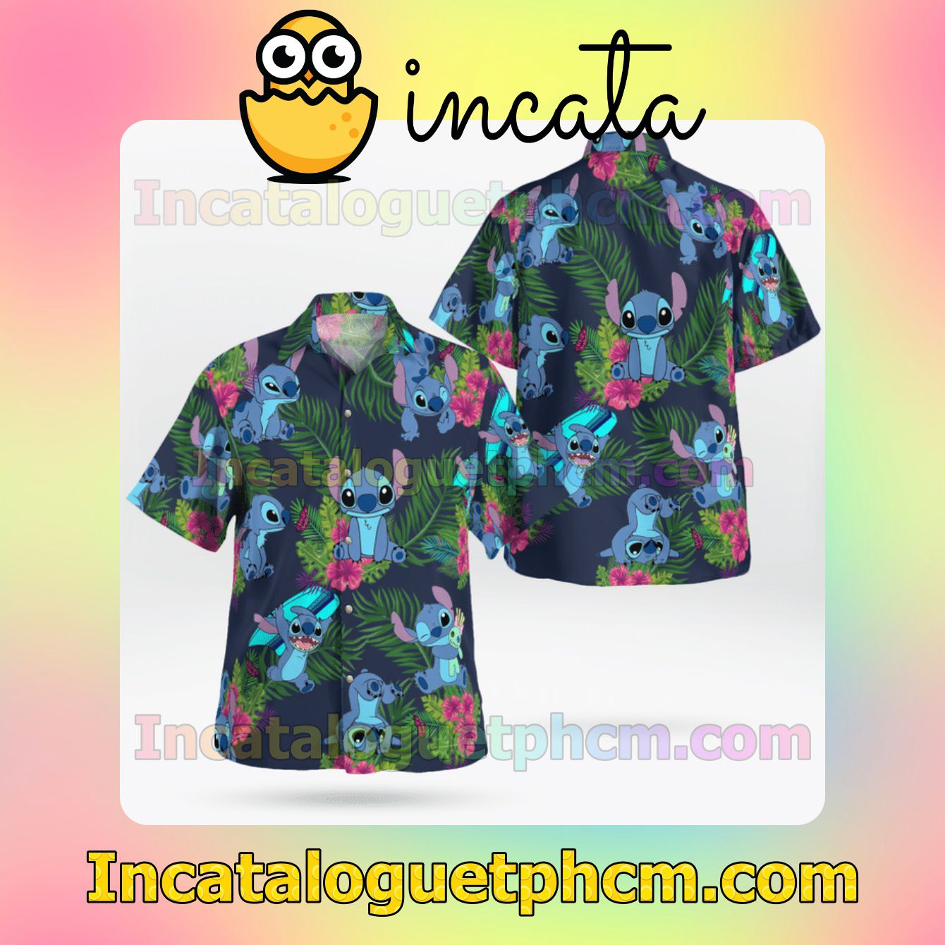 Stitch Palm Leaf Flower Mens Short Sleeve Shirts, Beach Shorts