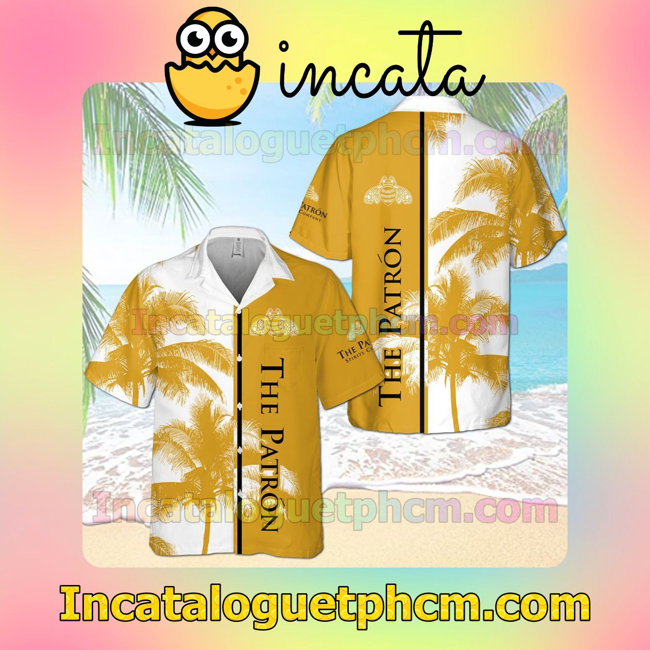 Miller High Life Palm Tree Pattern White Orange Button Shirt And Swim Trunk