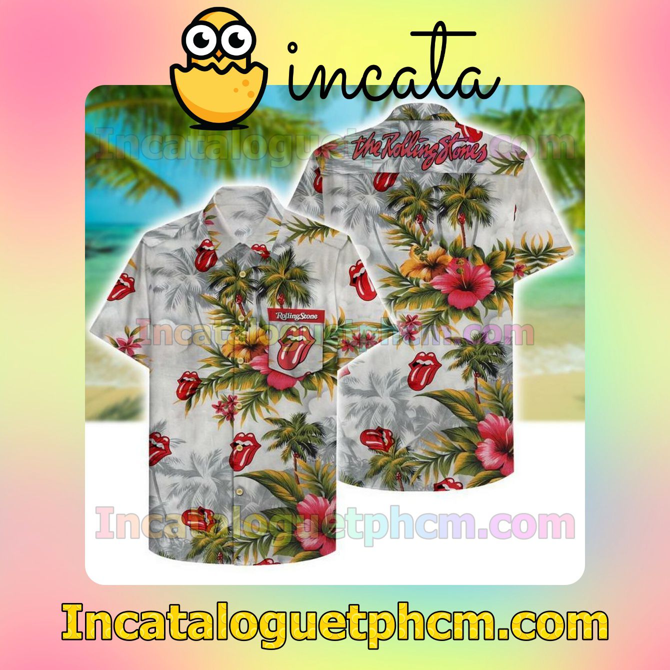 The Rolling Stones Hibiscus And Coconut Tree Grey Short Sleeve Shirt