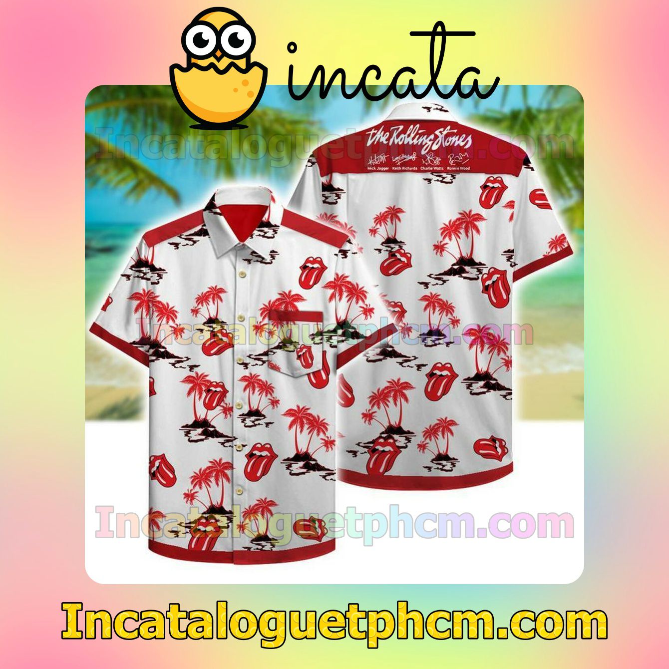 The Rolling Stones Signatures Red Palm Tree White Short Sleeve Shirt
