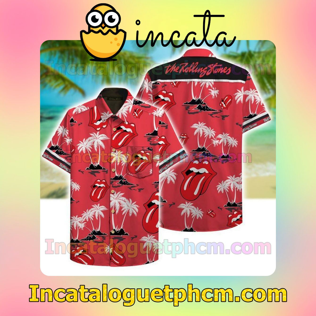 The Rolling Stones White Palm Tree Red Short Sleeve Shirt