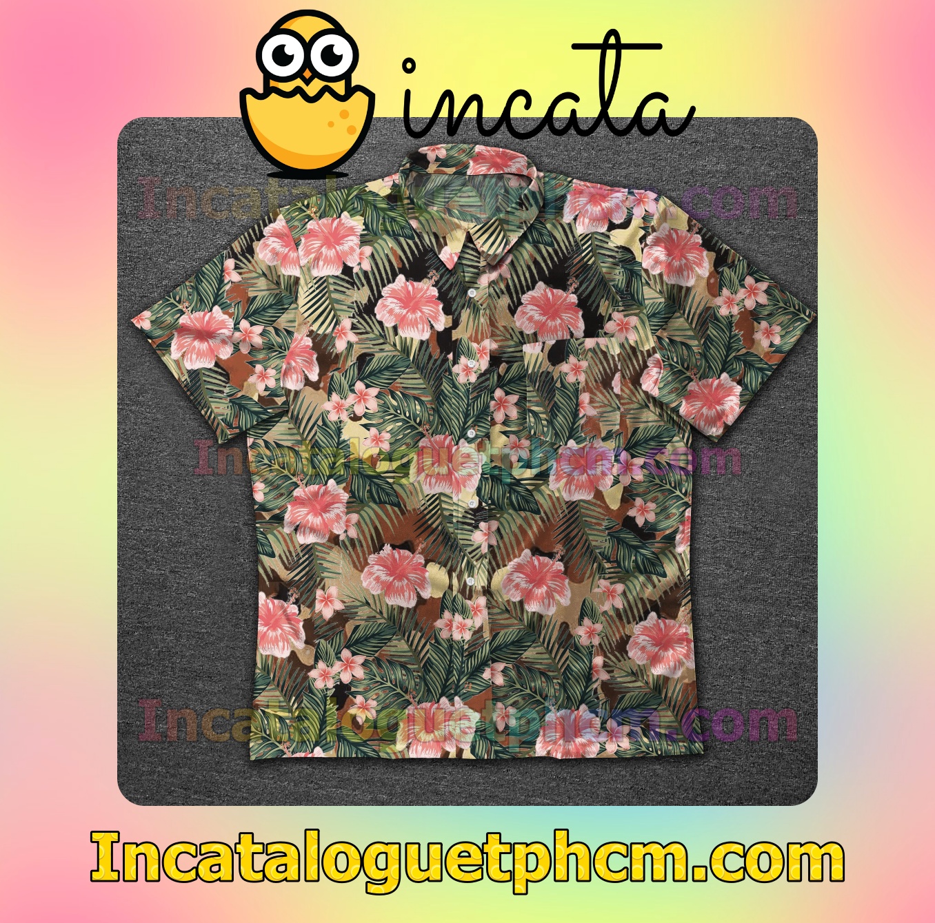 Tropical Palm Leaf Hibiscus Camo Mens Short Sleeve Shirts