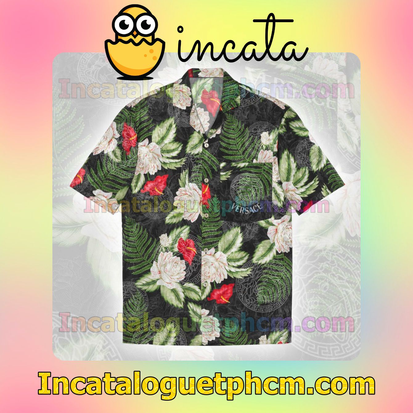 Versace Flower Pattern Green Leaf Print Short Sleeve Shirt