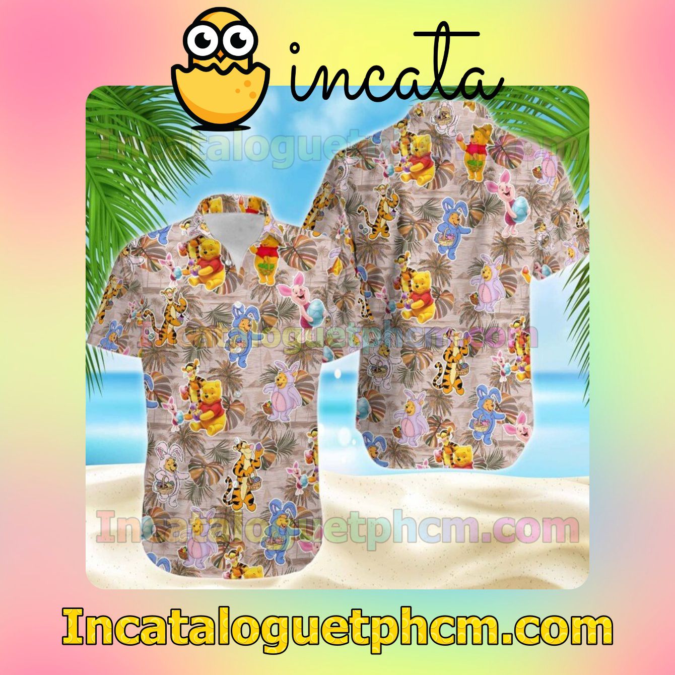 Piglet Winnie The Pooh Disney Hibicus Button Shirt And Swim Trunk