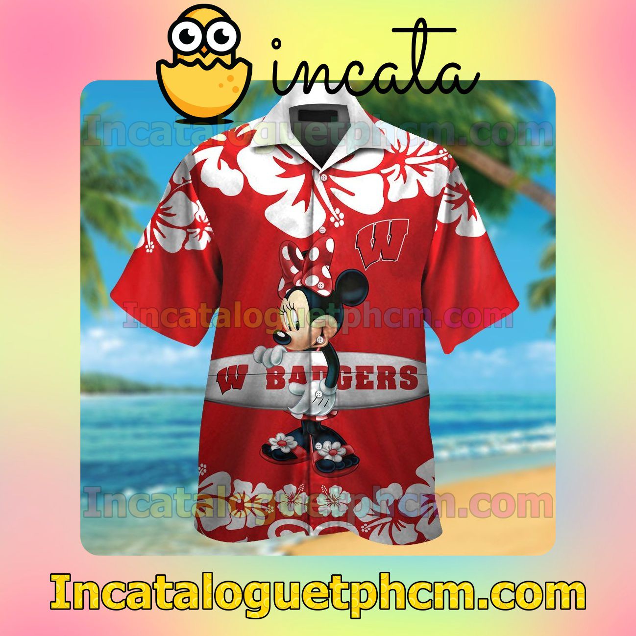 Wisconsin Badgers & Minnie Mouse Beach Vacation Shirt, Swim Shorts