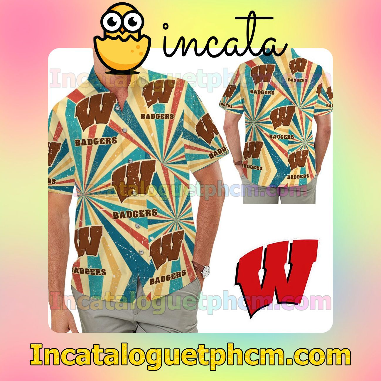 Wisconsin Badgers Retro Vintage Style Beach Vacation Shirt, Swim Shorts