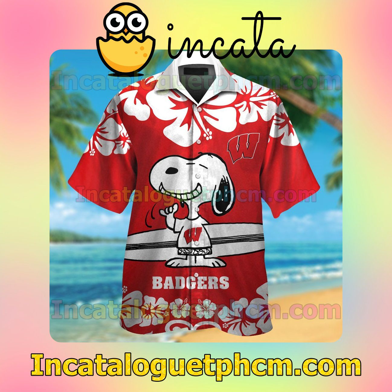 Wisconsin Badgers & Snoopy Beach Vacation Shirt, Swim Shorts