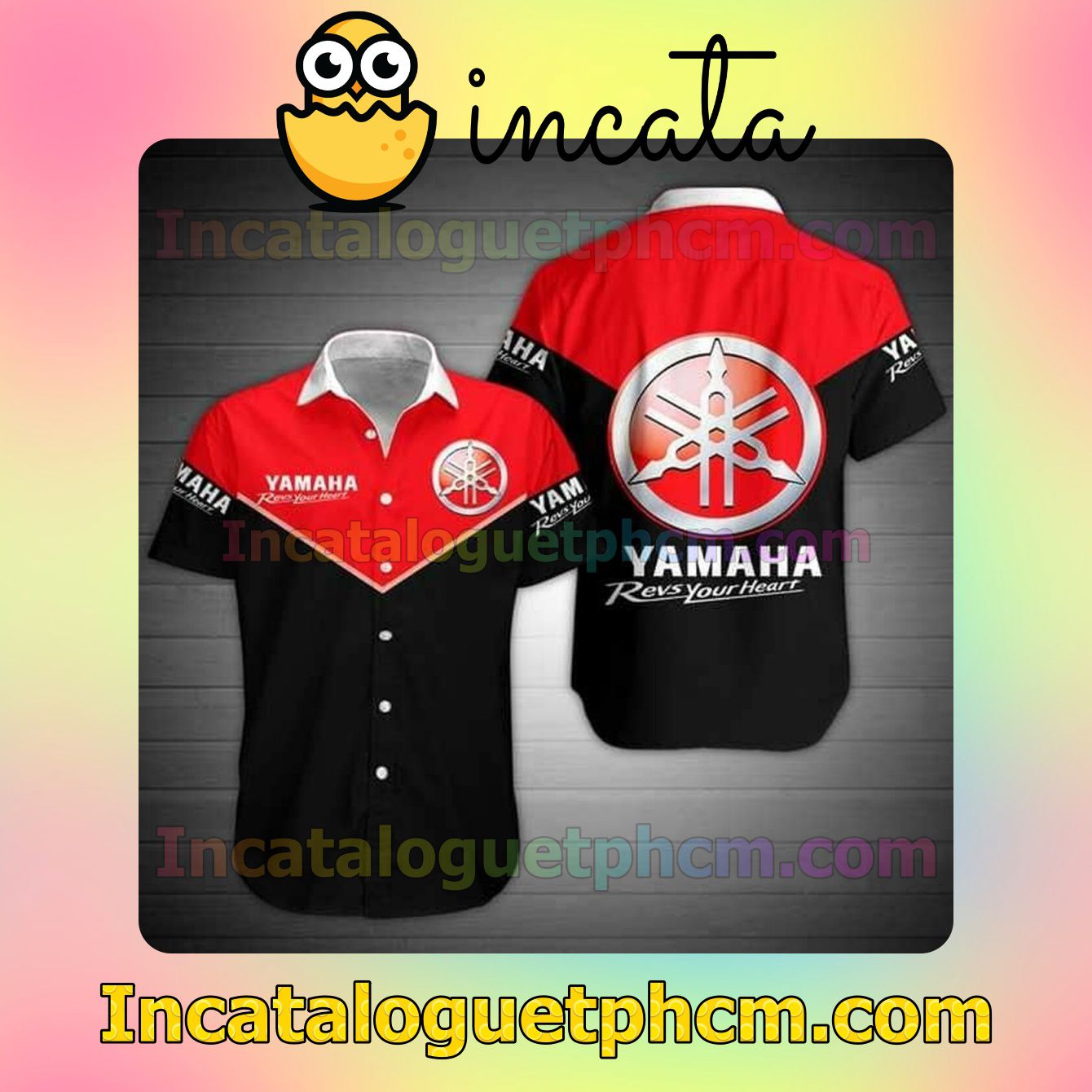 Yamaha Logo Revs Your Heart Black And Red Custom Short Sleeve Shirt