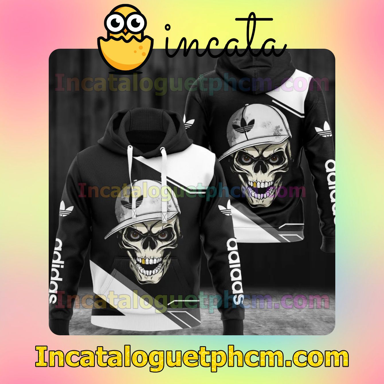 Limited Edition Adidas Skull Wearing Hat Black And White Zipper Hooded Sweatshirt And Pants