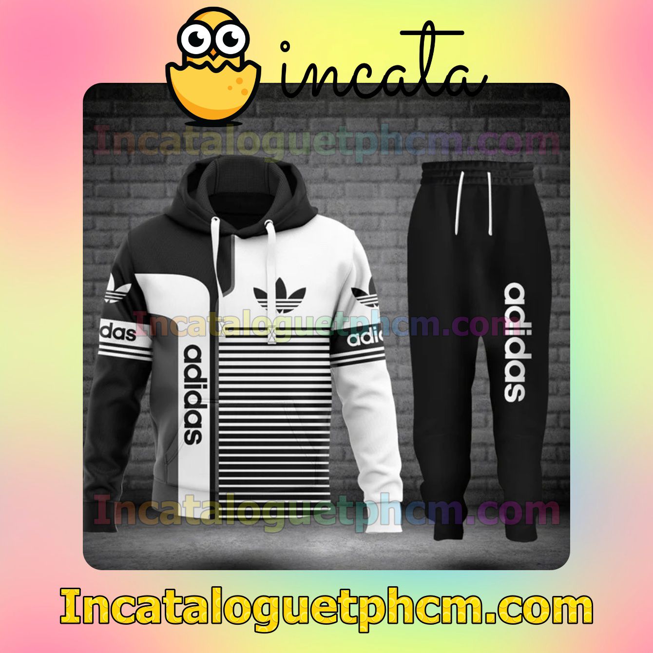 Adidas Stripes Mix White And Black Zipper Hooded Sweatshirt And Pants
