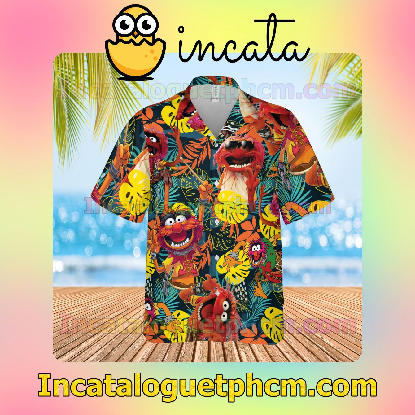 Funny Tee Animal Muppet Tropical Monstera And Palm Leaves Short Sleeve Shirt