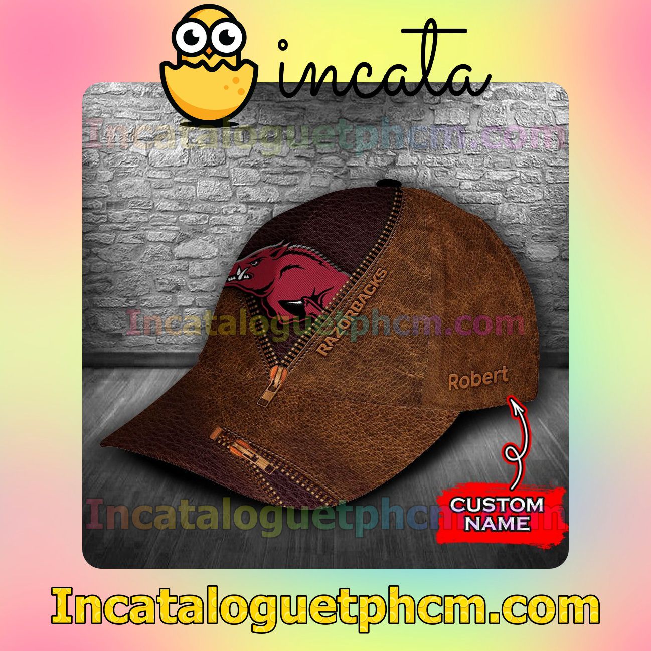 Great Arkansas Razorbacks Leather Zipper Print Customized Hat Caps