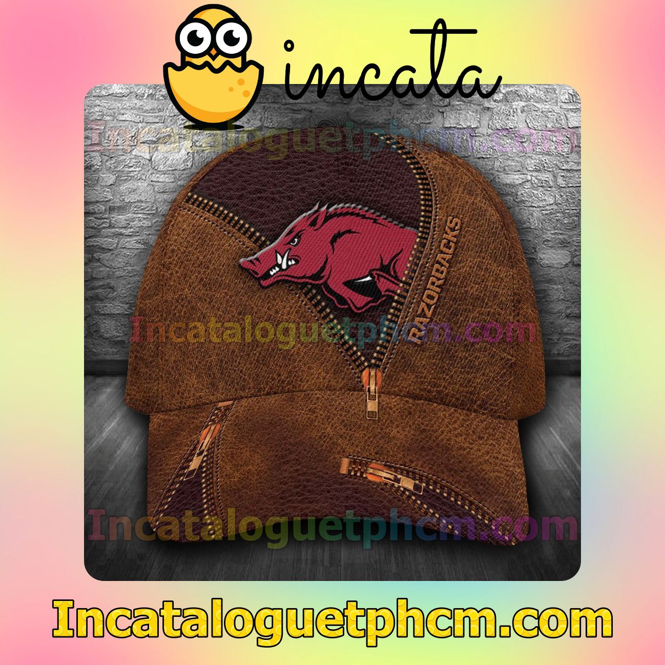 Arkansas Razorbacks Leather Zipper Print Customized Hat Caps