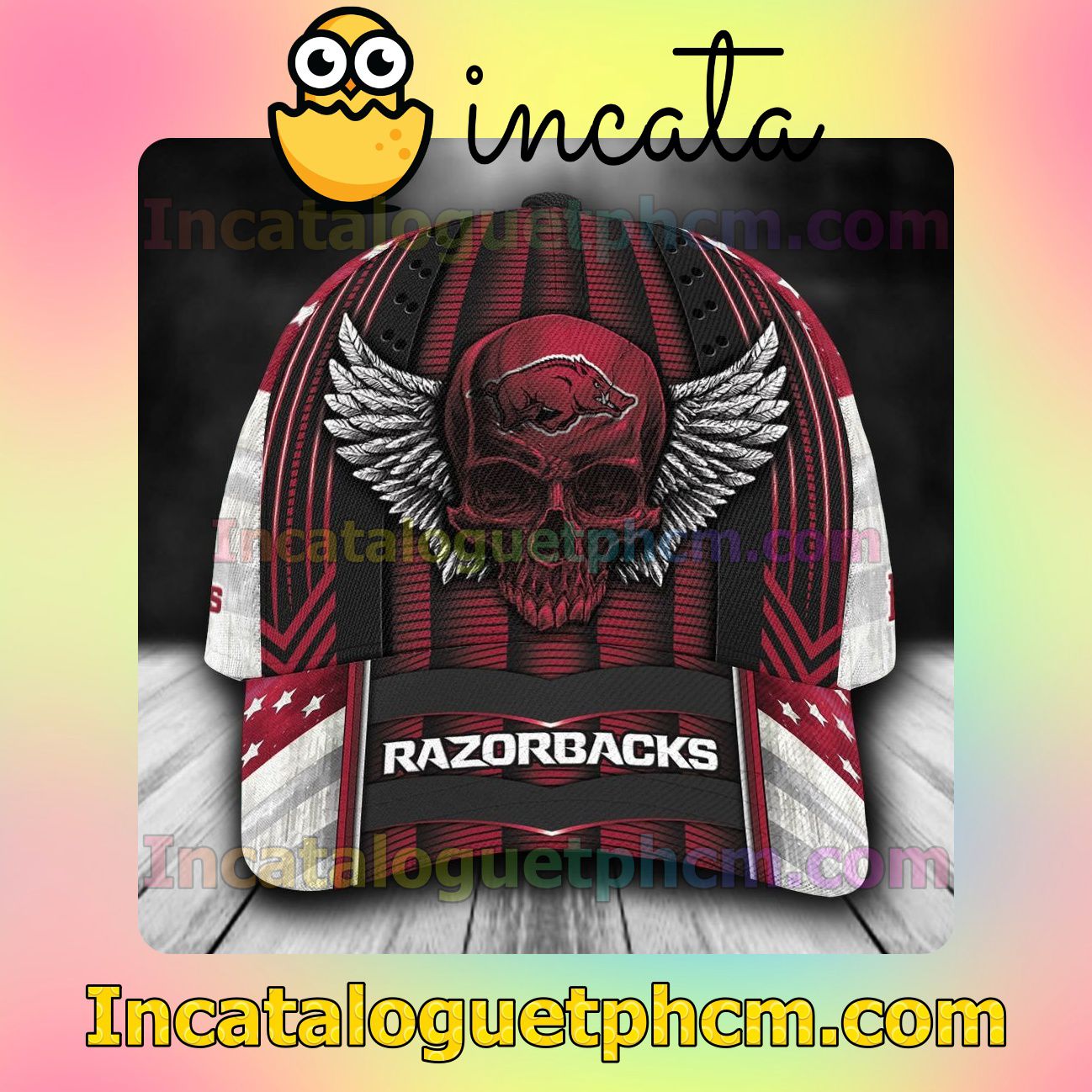 Buy In US Arkansas Razorbacks Skull Flag NCAA Customized Hat Caps