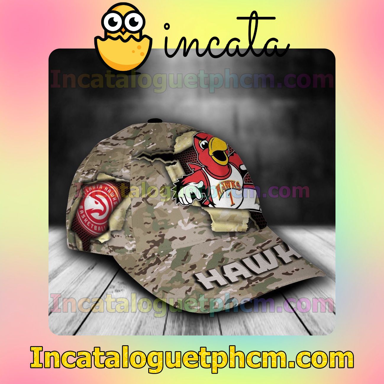 Get Here Atlanta Hawks Camo Mascot NBA Customized Hat Caps