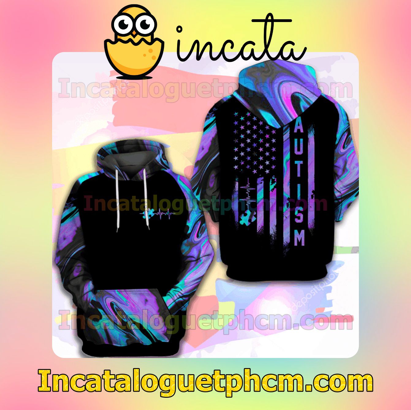 Autism Heartbeat American Flag Holographic Nike Zip Up Hoodie