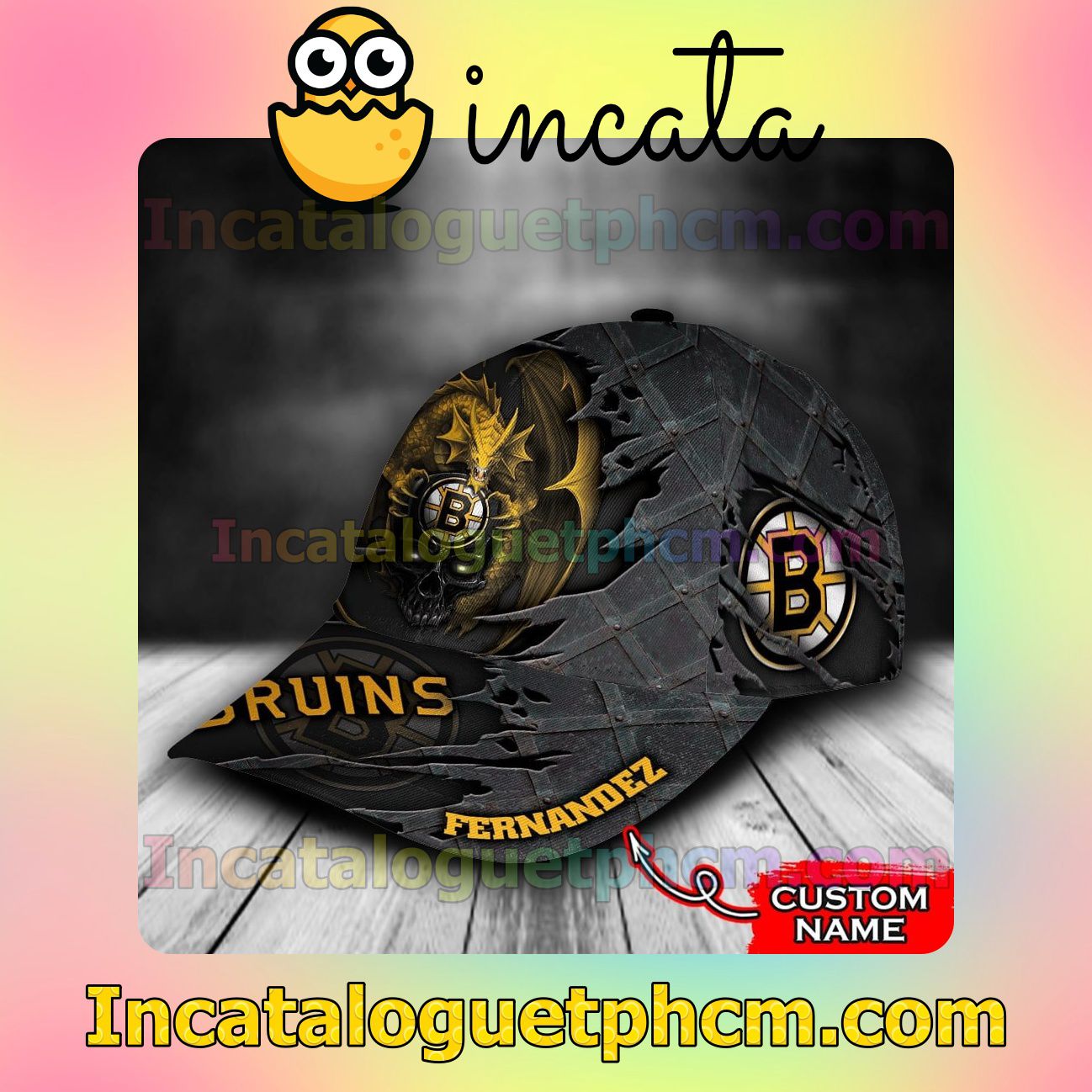 Only For Fan Boston Bruins Dragon Crack 3D NHL Customized Hat Caps