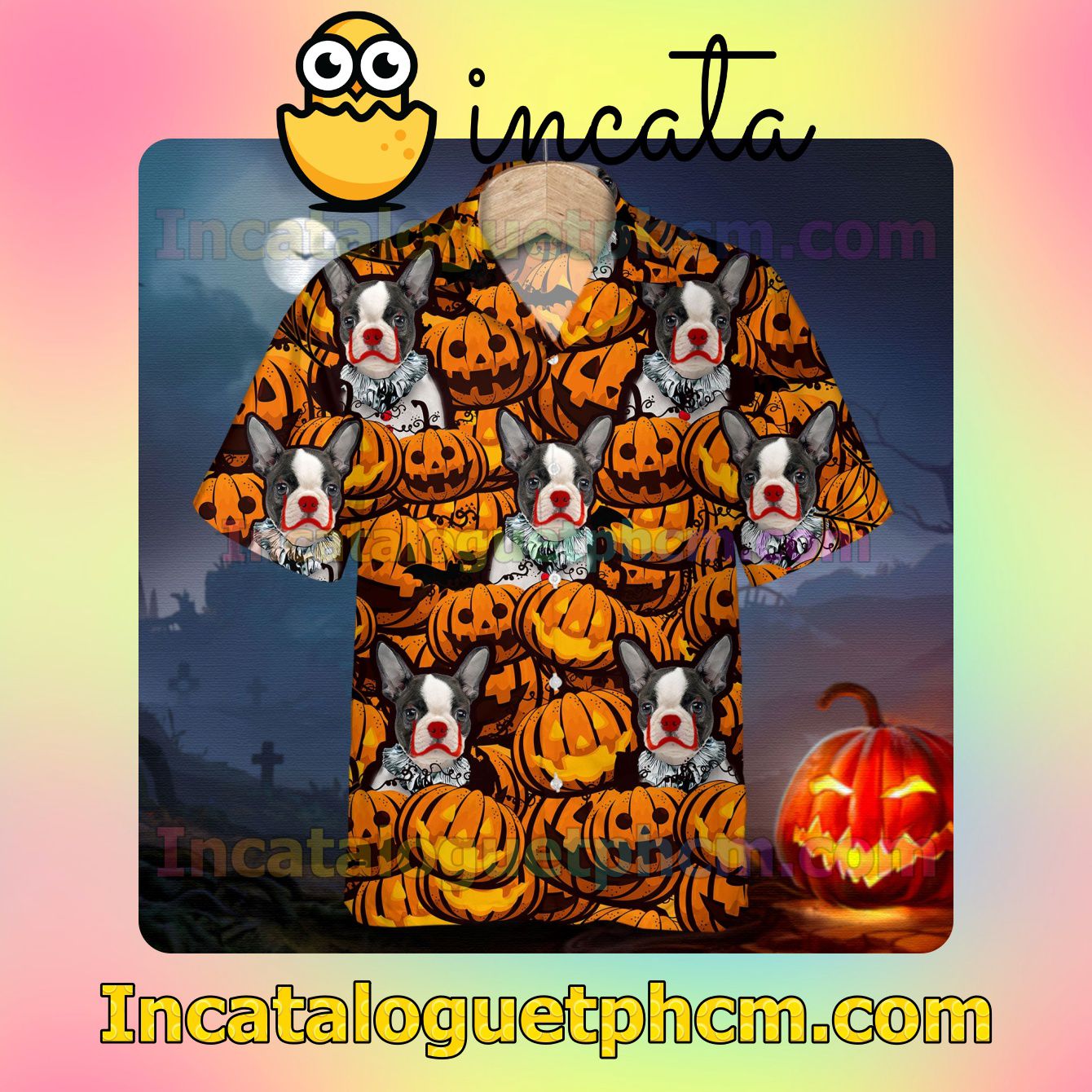 Boston Terrier Pumpkin Halloween Casual Button Down Shirts