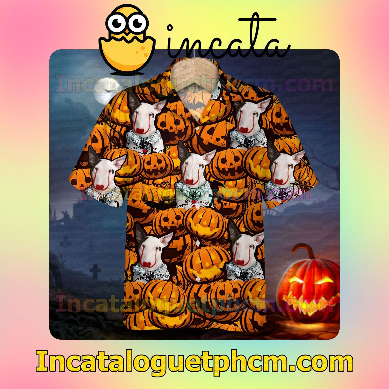 Bull Terrier Pumpkin Halloween Casual Button Down Shirts