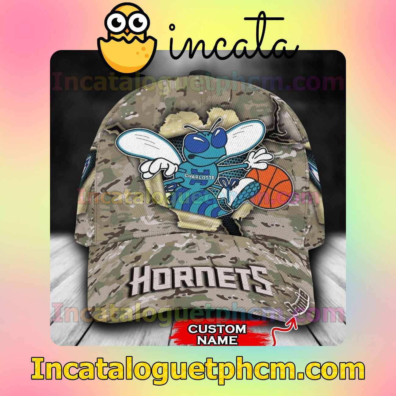 Check out Charlotte Hornets Camo Mascot NBA Customized Hat Caps