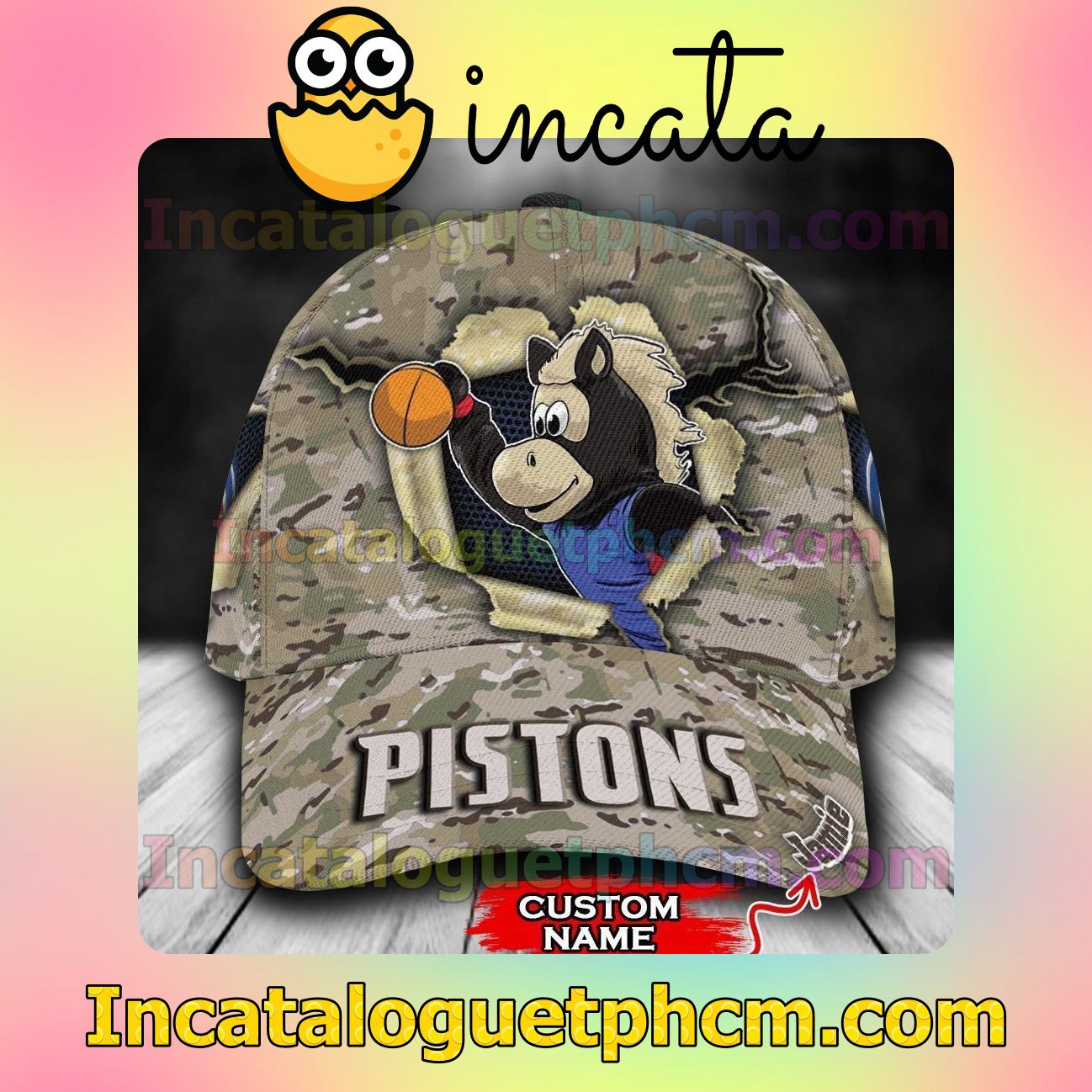 Awesome Detroit Pistons Camo Mascot NBA Customized Hat Caps